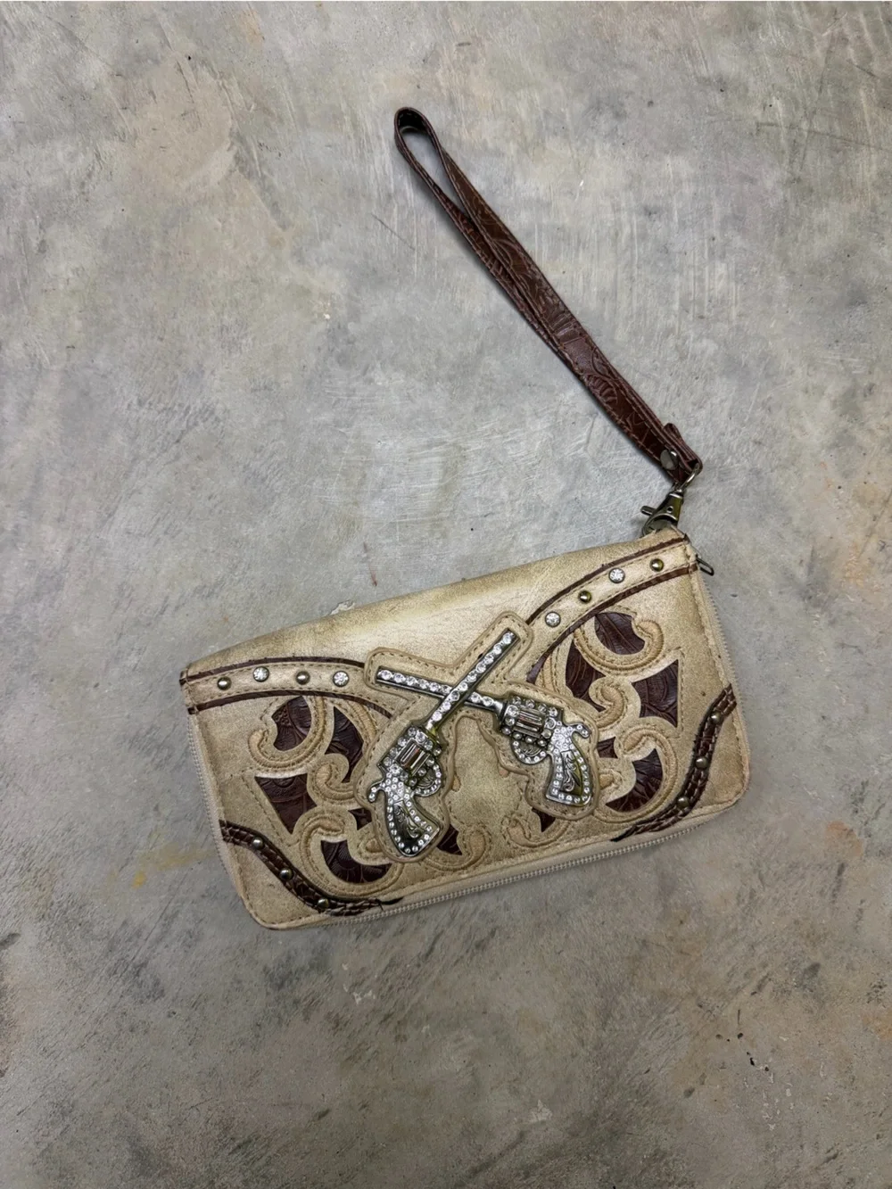 Embellished Cream and Brown Wristlet Wallet